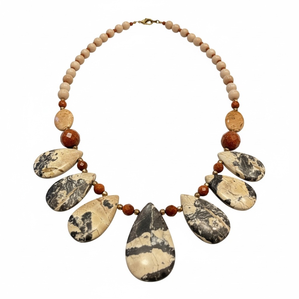 20" Natural Zebra Jasper Feldspar Gemstone Bib Fringe Chunky Statement Necklace